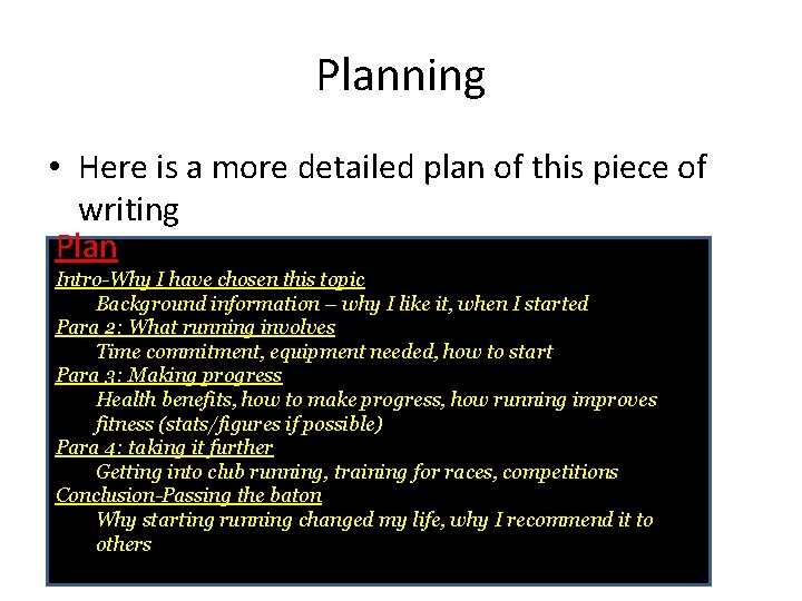 Planning • Here is a more detailed plan of this piece of writing Plan