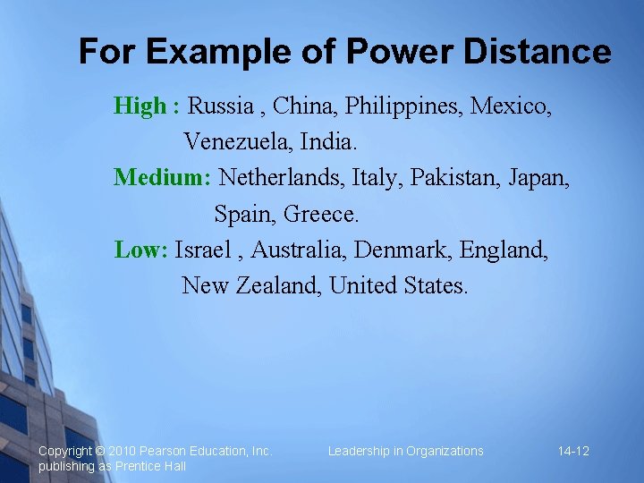 For Example of Power Distance High : Russia , China, Philippines, Mexico, Venezuela, India.