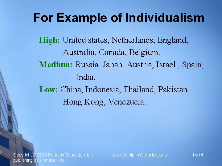 For Example of Individualism High: United states, Netherlands, England, Australia, Canada, Belgium. Medium: Russia,