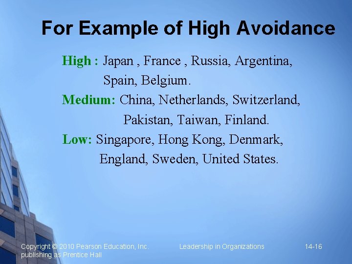 For Example of High Avoidance High : Japan , France , Russia, Argentina, Spain,