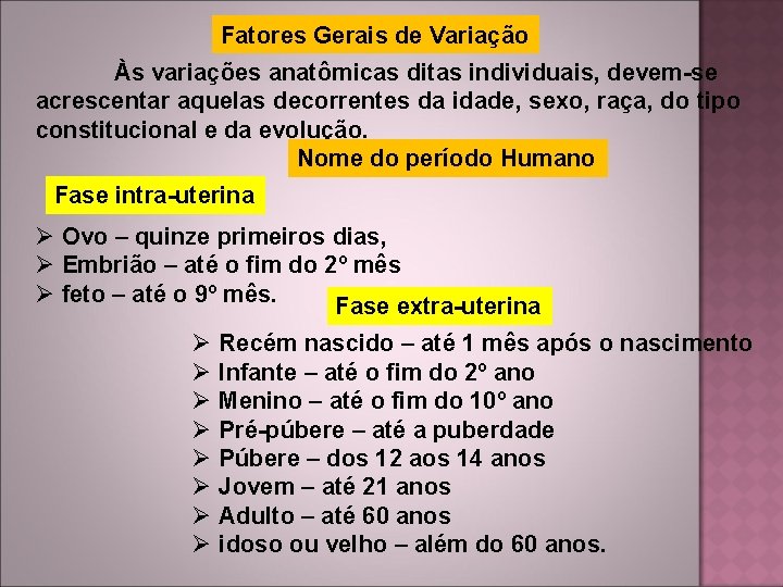 Fatores Gerais de Variação Às variações anatômicas ditas individuais, devem-se acrescentar aquelas decorrentes da