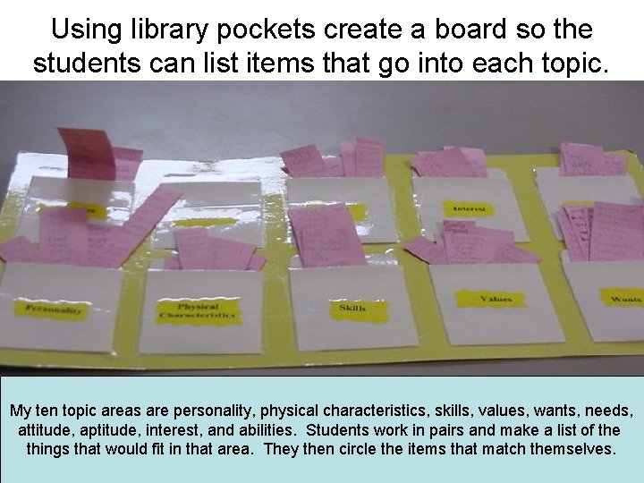 Using library pockets create a board so the students can list items that go