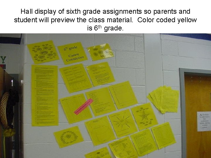 Hall display of sixth grade assignments so parents and student will preview the class