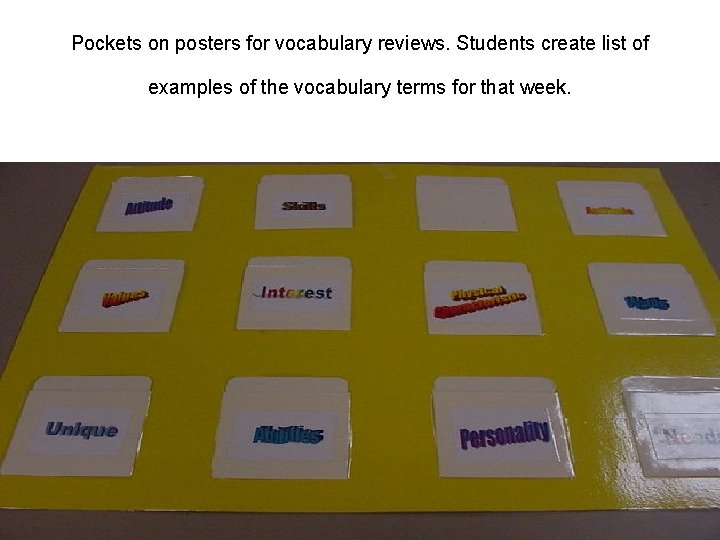 Pockets on posters for vocabulary reviews. Students create list of examples of the vocabulary