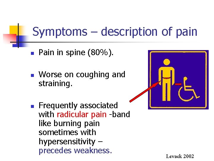 Symptoms – description of pain n Pain in spine (80%). Worse on coughing and Symptoms – description of pain n Pain in spine (80%). Worse on coughing and