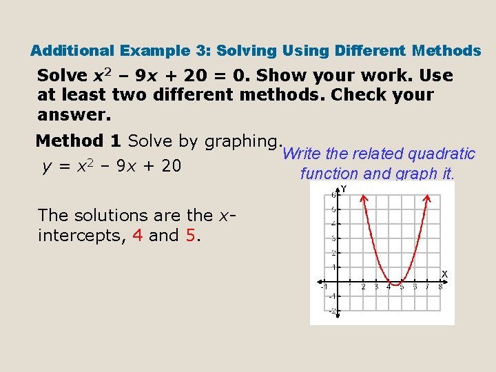 Additional Example 3: Solving Using Different Methods Solve x 2 – 9 x +