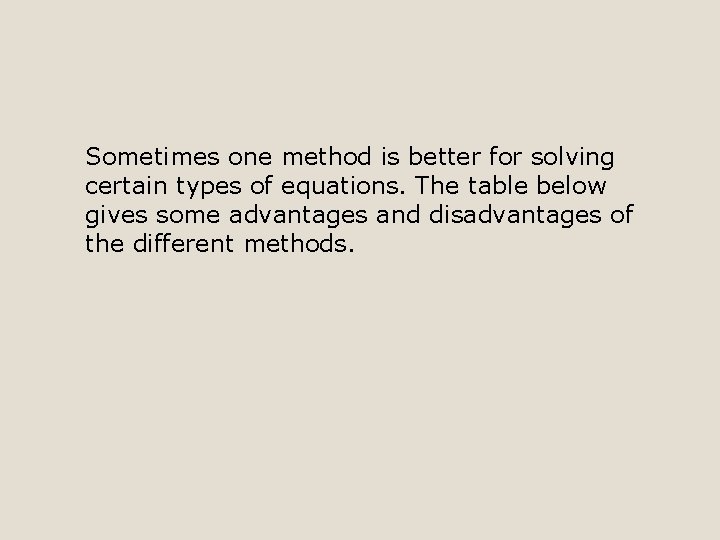 Sometimes one method is better for solving certain types of equations. The table below