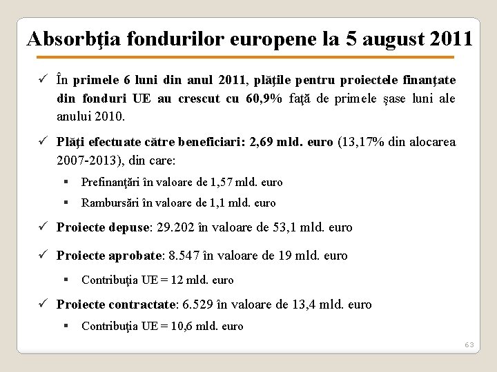 Absorbţia fondurilor europene la 5 august 2011 ü În primele 6 luni din anul