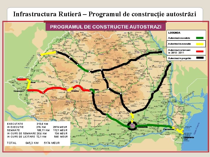 Infrastructura Rutieră – Programul de construcţie autostrăzi PROGRAMUL DE CONSTRUCTIE AUTOSTRAZI LEGENDA Autostrazi executate