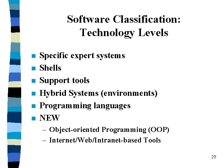 Software Classification: Technology Levels n n n Specific expert systems Shells Support tools Hybrid