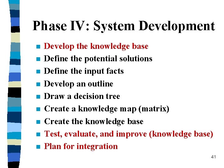 Phase IV: System Development n n n n n Develop the knowledge base Define