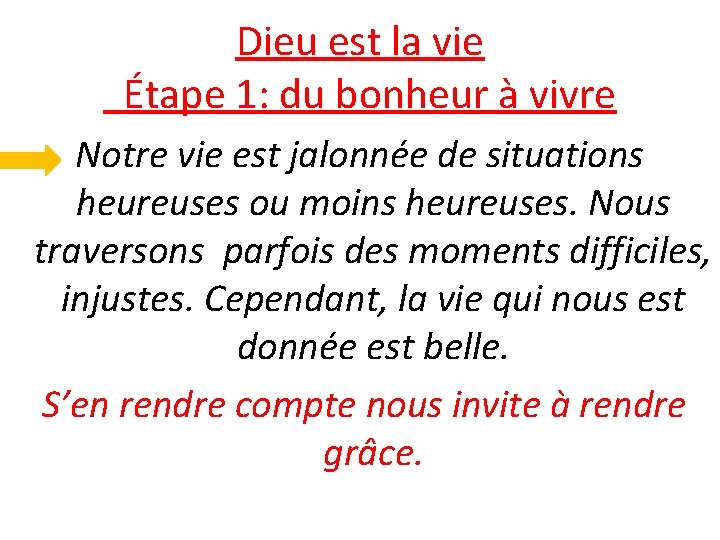 Dieu est la vie Étape 1: du bonheur à vivre Notre vie est jalonnée