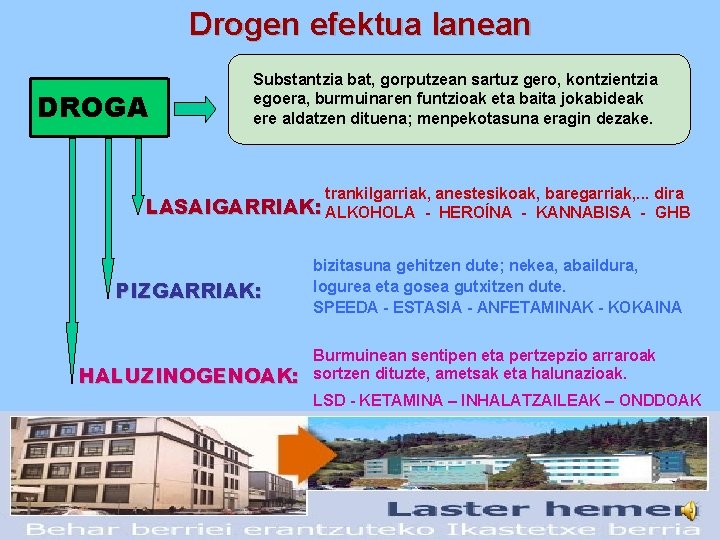 Drogen efektua lanean DROGA Substantzia bat, gorputzean sartuz gero, kontzientzia egoera, burmuinaren funtzioak eta