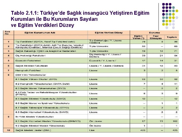 Tablo 2. 1. 1: Türkiye’de Sağlık insangücü Yetiştiren Eğitim Kurumları ile Bu Kurumların Sayıları