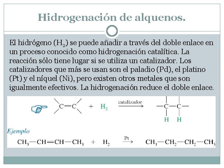 Hidrogenación de alquenos. El hidrógeno (H 2) se puede añadir a través del doble