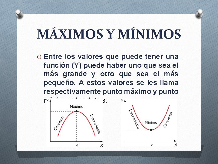 MÁXIMOS Y MÍNIMOS O Entre los valores que puede tener una función (Y) puede