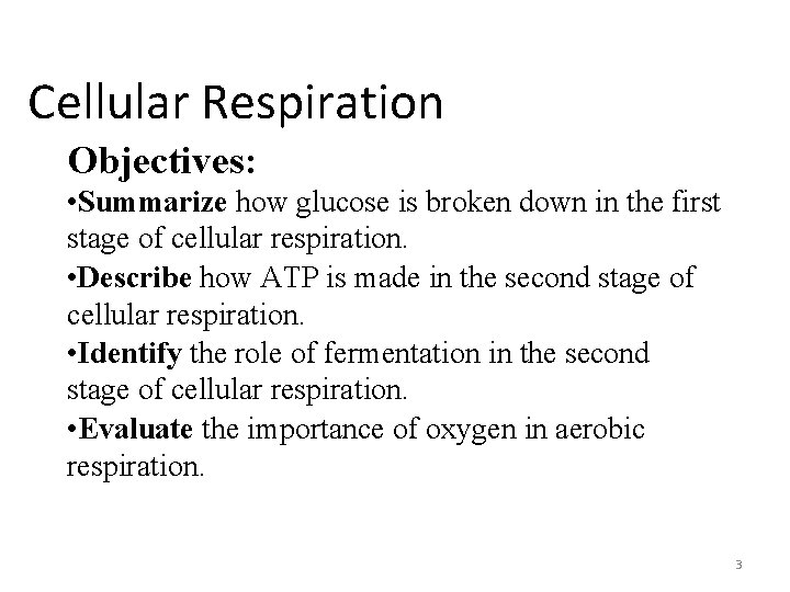 Cellular Respiration Objectives: • Summarize how glucose is broken down in the first stage