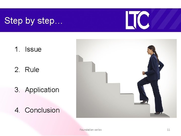 Step by step… 1. Issue 2. Rule 3. Application 4. Conclusion Foundation series 11