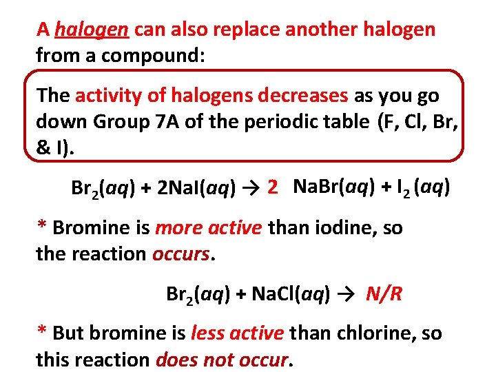 A halogen can also replace another halogen from a compound: The activity of halogens