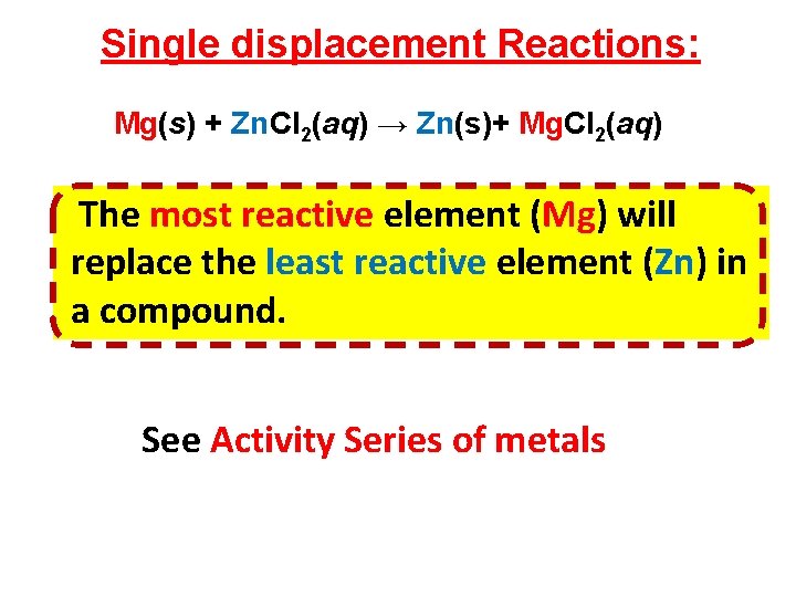 Single displacement Reactions: Mg(s) + Zn. Cl 2(aq) → Zn(s)+ Mg. Cl 2(aq) The