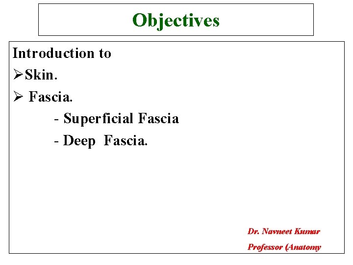 Objectives Introduction to ØSkin. Ø Fascia. - Superficial Fascia - Deep Fascia. Dr. Navneet