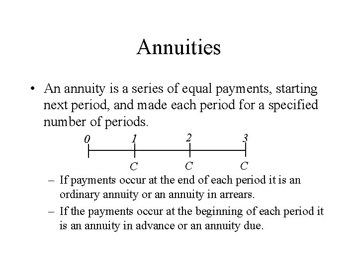 Annuities • An annuity is a series of equal payments, starting next period, and