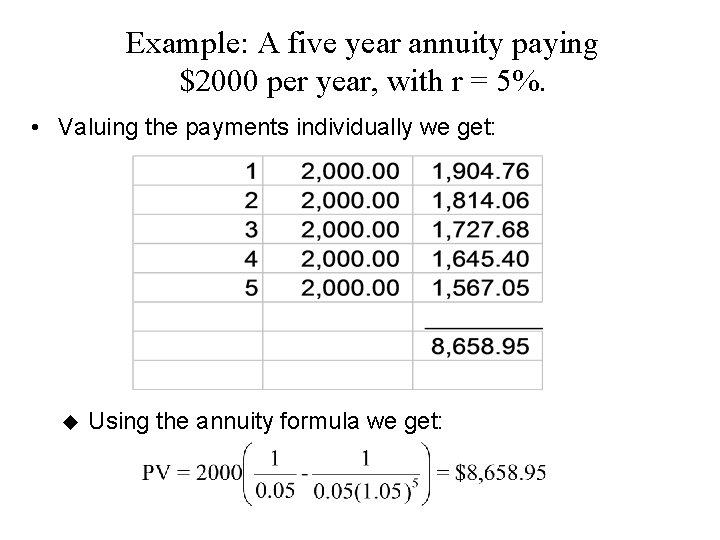 Example: A five year annuity paying $2000 per year, with r = 5%. •