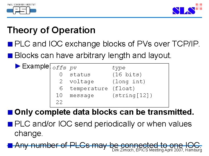 Theory of Operation ■ PLC and IOC exchange blocks of PVs over TCP/IP. ■ Theory of Operation ■ PLC and IOC exchange blocks of PVs over TCP/IP. ■