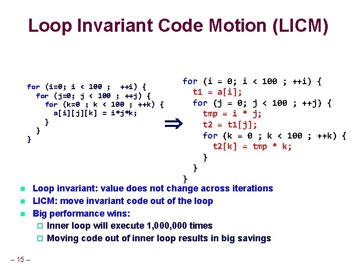 Loop Invariant Code Motion (LICM) for (i = 0; i < 100 ; ++i) Loop Invariant Code Motion (LICM) for (i = 0; i < 100 ; ++i)