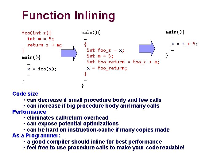 Function Inlining foo(int z){ int m = 5; return z + m; } main(){ Function Inlining foo(int z){ int m = 5; return z + m; } main(){