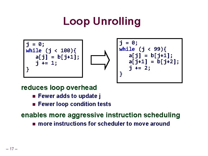 Loop Unrolling j = 0; while (j < 100){ a[j] = b[j+1]; j +=
