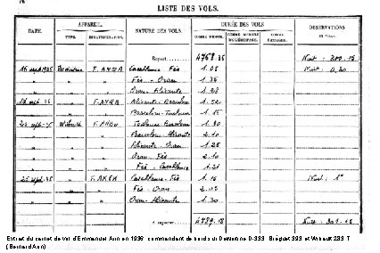 Extrait du carnet de vol d’Emmanuel Arin en 1936, commandant de bord sur Dewoitine