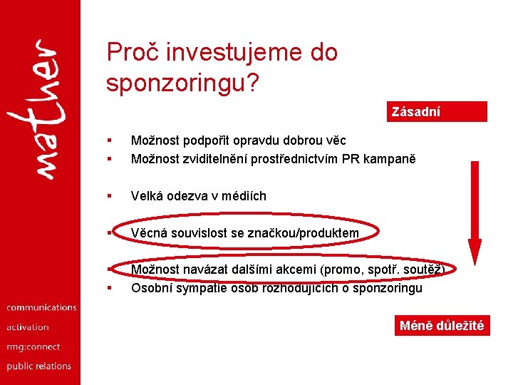Proč investujeme do sponzoringu? Zásadní motivy § § Možnost podpořit opravdu dobrou věc Možnost