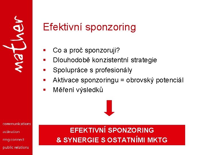 Efektivní sponzoring § § § Co a proč sponzoruji? Dlouhodobě konzistentní strategie Spolupráce s