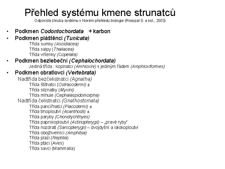 Přehled systému kmene strunatců Odpovídá zhruba systému v Novém přehledu biologie (Rosypal S. a