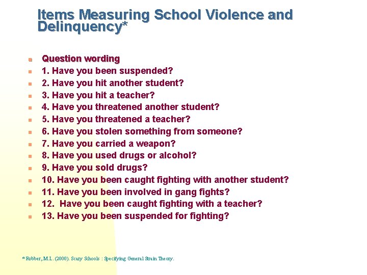 Items Measuring School Violence and Delinquency* n n n n Question wording 1. Have