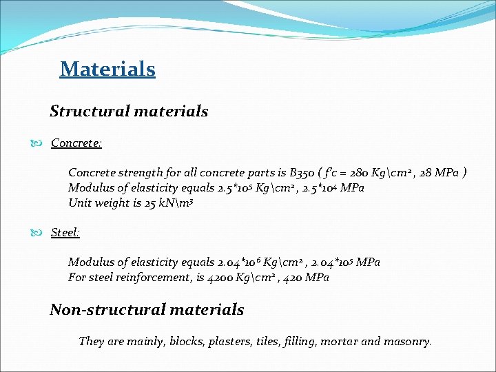 Materials Structural materials Concrete: Concrete strength for all concrete parts is B 350 (