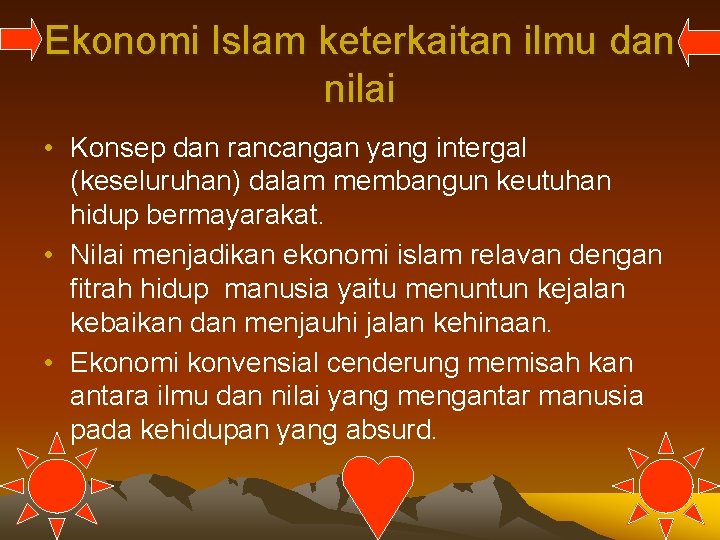 Ekonomi Islam keterkaitan ilmu dan nilai • Konsep dan rancangan yang intergal (keseluruhan) dalam
