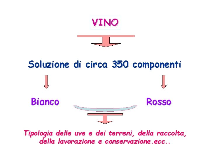 VINO Soluzione di circa 350 componenti Bianco Rosso Tipologia delle uve e dei terreni,