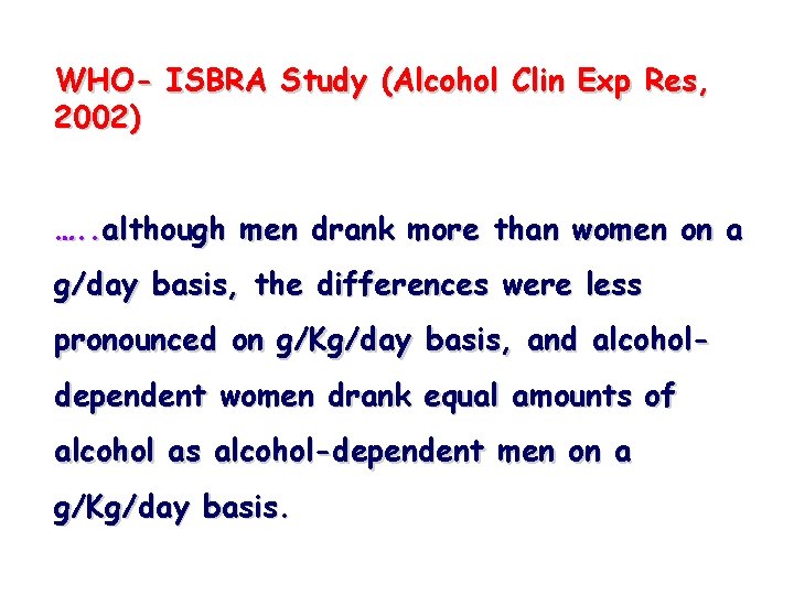 WHO- ISBRA Study (Alcohol Clin Exp Res, 2002) …. . although men drank more