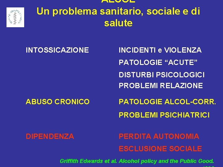 ALCOL Un problema sanitario, sociale e di salute INTOSSICAZIONE INCIDENTI e VIOLENZA PATOLOGIE “ACUTE”