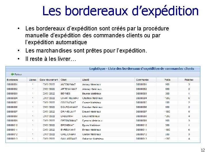 Les bordereaux d’expédition • Les bordereaux d’expédition sont créés par la procédure manuelle d’expédition Les bordereaux d’expédition • Les bordereaux d’expédition sont créés par la procédure manuelle d’expédition