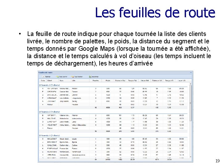 Les feuilles de route • La feuille de route indique pour chaque tournée la Les feuilles de route • La feuille de route indique pour chaque tournée la