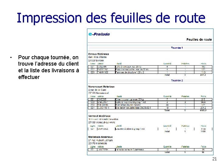 Impression des feuilles de route • Pour chaque tournée, on trouve l’adresse du client Impression des feuilles de route • Pour chaque tournée, on trouve l’adresse du client