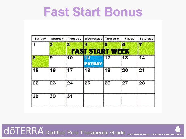 Fast Start Bonus Certified Pure Therapeutic Grade © 2012 dōTERRA Holdings, LLC, Unauthorized duplication