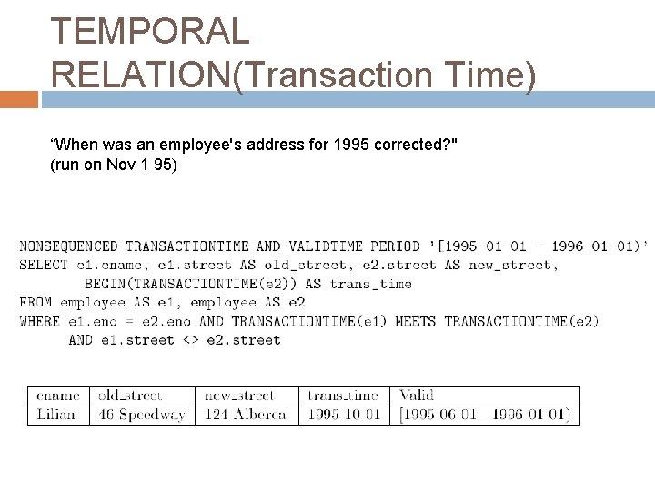 TEMPORAL RELATION(Transaction Time) “When was an employee's address for 1995 corrected? " (run on
