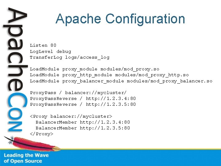 Apache Configuration Listen 80 Log. Level debug Transfer. Log logs/access_log Load. Module proxy_modules/mod_proxy. so