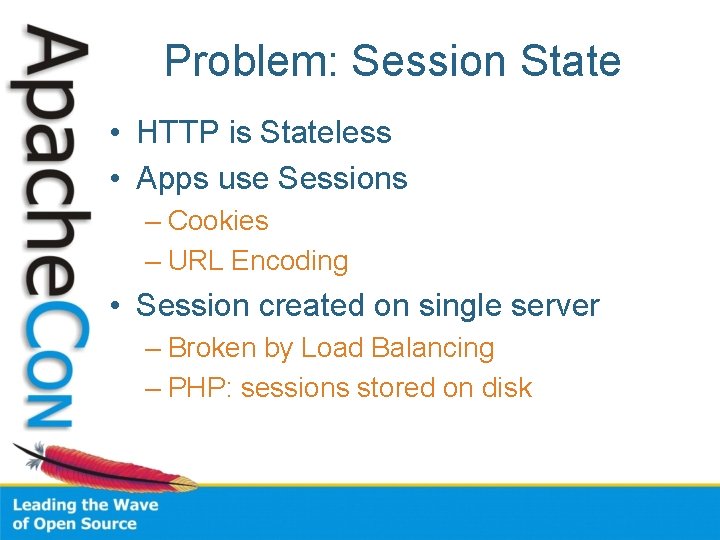 Problem: Session State • HTTP is Stateless • Apps use Sessions – Cookies –