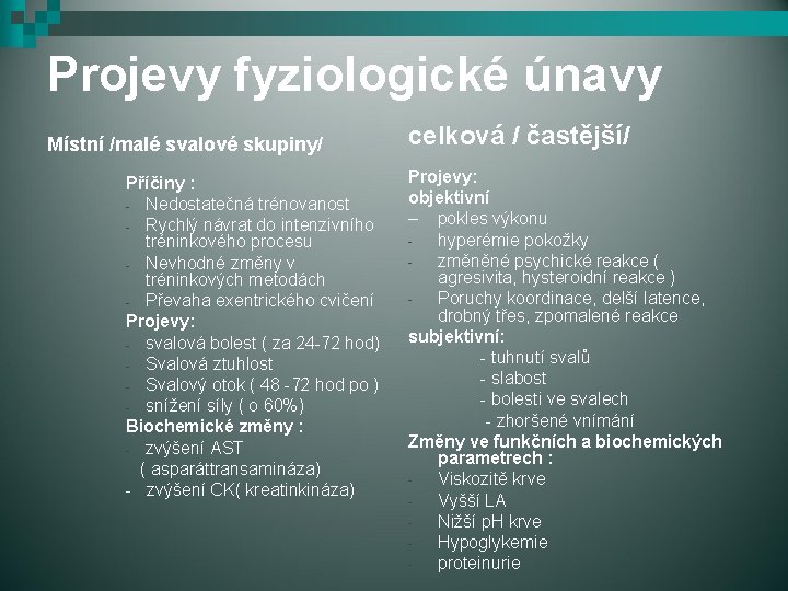 Projevy fyziologické únavy Místní /malé svalové skupiny/ Příčiny : - Nedostatečná trénovanost - Rychlý