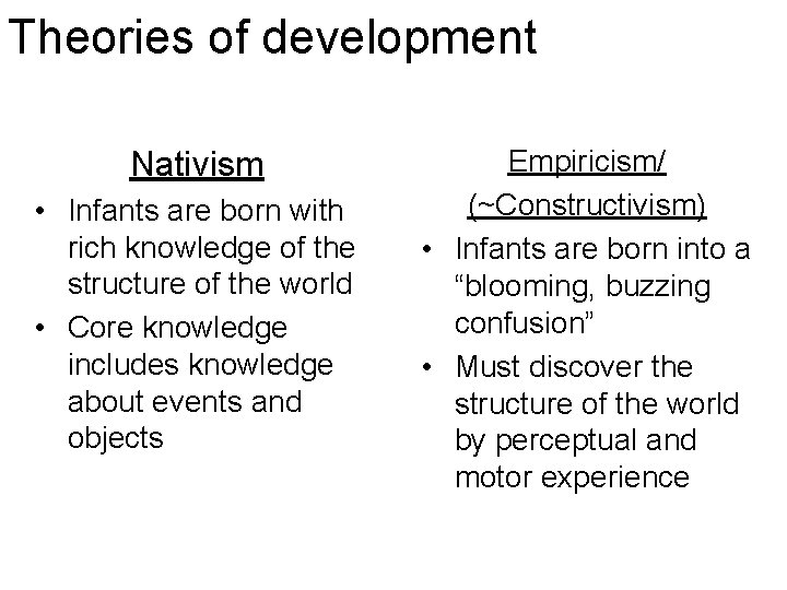 Theories of development Nativism • Infants are born with rich knowledge of the structure